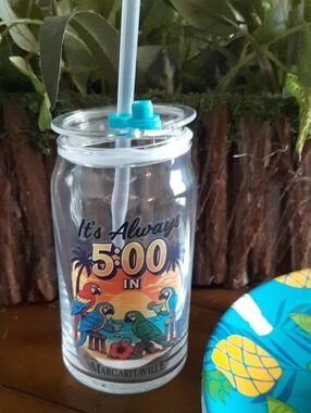 Margaritaville 5:00 Tropical Parrot Clear Glass Tumbler - Teal Lid NEW 🌴🌞🌴